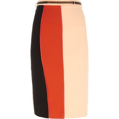 Red colour block pencil skirt